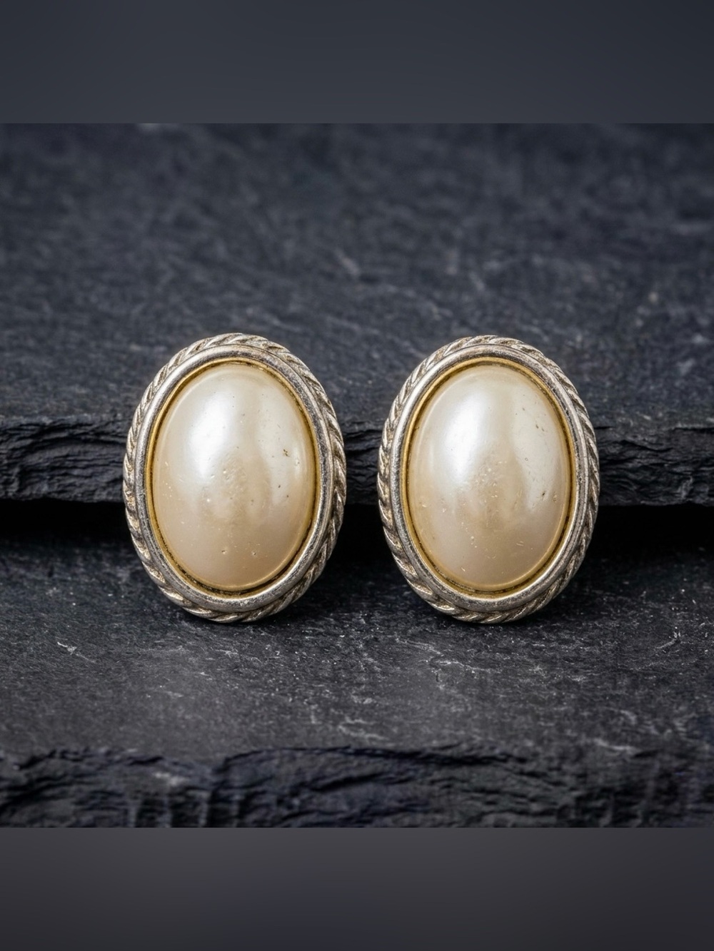 Vintage 80s Carolee Faux Pearl Oval Silver Tone Cable Border Clip On Earrings